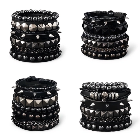 Men's Punk Multi-Layer Leather Bracelet Set With Alloy Rivets Spikes And Chain Rock Biker Skull Wristband Jewelry