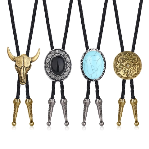 Cravatta Bolo Vintage Western Cowboy Pendente in Lega a Forma di Testa di Toro Bronzo Antico Corda in Pelle Intrecciata Regolabile