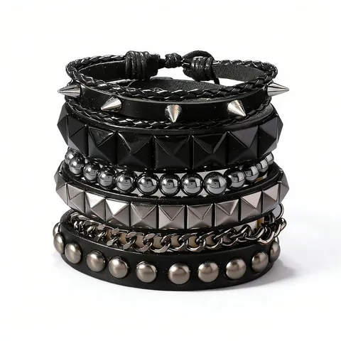 Men's Punk Multi-Layer Leather Bracelet Set With Alloy Rivets Spikes And Chain Rock Biker Skull Wristband Jewelry