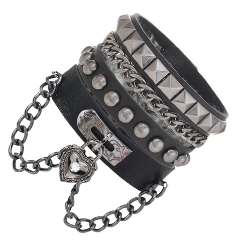 Bracciale Multistrato in Pelle Punk da Uomo Con Pendente a Lucchetto a Cuore Catena in Lega Borchie Gotico Hip Hop Gioielli Nero
