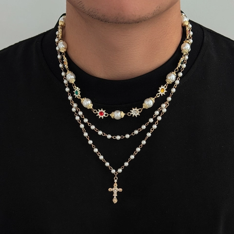 Set di Collane Multistrato con Perle Artificiali per Uomo Hip Hop con Ciondolo a Croce in Lega e Stelle Colorate Gioielli Retrò