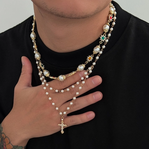 Set di Collane Multistrato con Perle Artificiali per Uomo Hip Hop con Ciondolo a Croce in Lega e Stelle Colorate Gioielli Retrò
