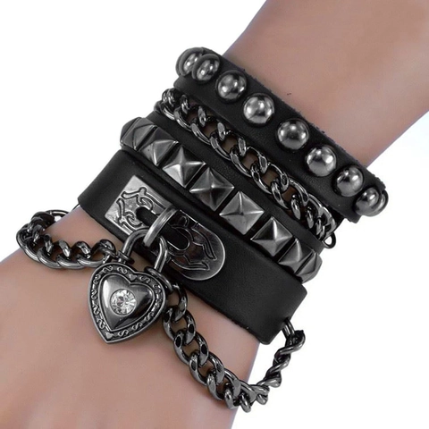 Bracciale Multistrato in Pelle Punk da Uomo Con Pendente a Lucchetto a Cuore Catena in Lega Borchie Gotico Hip Hop Gioielli Nero