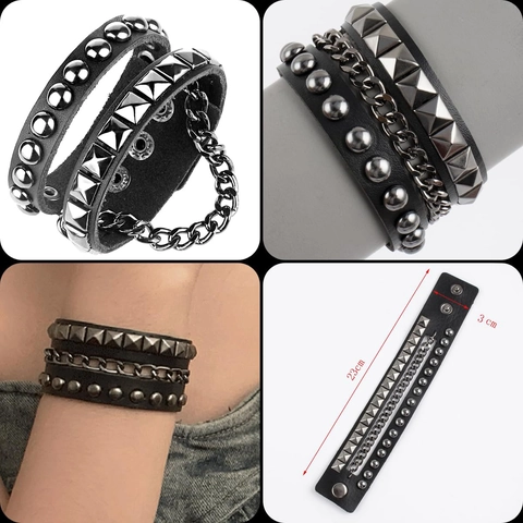 Set di Braccialetti in Pelle Multistrato Punk da Uomo in Lega con Teschio e Rivetti Catena Regolabile Hip Hop Gothic Biker Gioielli Regalo