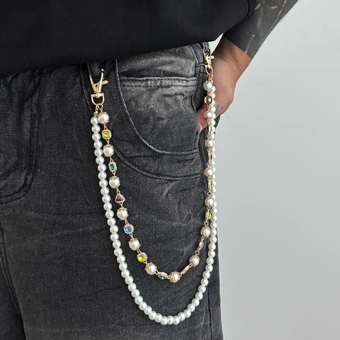 Herren Hip Hop Doppelreihig Kunstperlen Farbige Strass Hosenkette Legierung Jeans Hüftkette Punk Streetwear Schmuck Anhänger