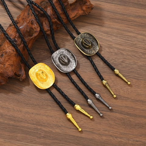 Bolo Tie Chapeau de Cow-boy Vintage Western Cordon en Cuir Pendentif Alliage Collier pour Hommes Femmes Bijoux Ethniques Rétro Cadeau