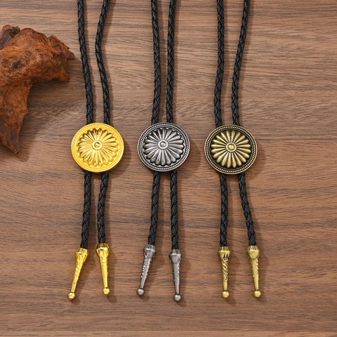Retro Western Cowboy Bolo Tie Sunflower Alloy Pendant Adjustable Braided Leather Rope Necklace Jewelry For Men Women