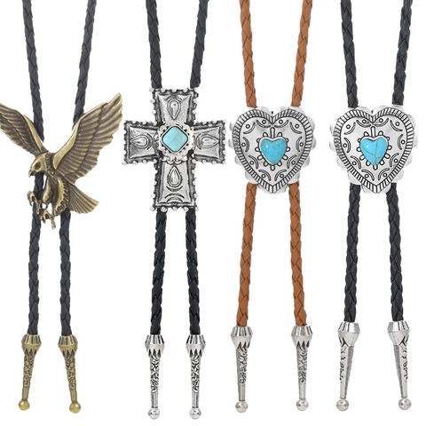 Cravatta Bolo Vintage Western Cowboy Pendente Aquila Cuore Croce Corda in Pelle Artificiale Intrecciata Collana Unisex