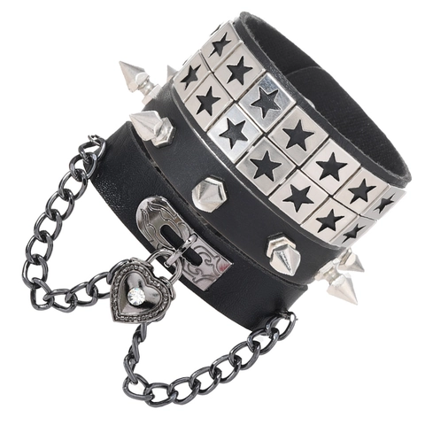 Set di Bracciali in Pelle Punk Rock per Uomo Donna Gotico con Rivetti Chiodi Stella Ciondolo a Lucchetto Cuore Catena in Metallo