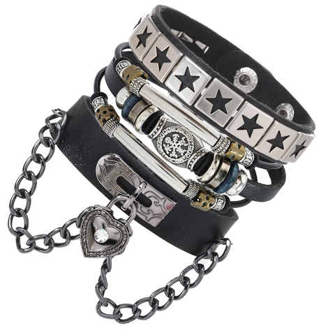 Set di Braccialetti in Pelle di Vacchetta Punk Vintage da Uomo Pendente Stella Bussola in Lega Cinturino in Corda Cerata Gioielli Rock