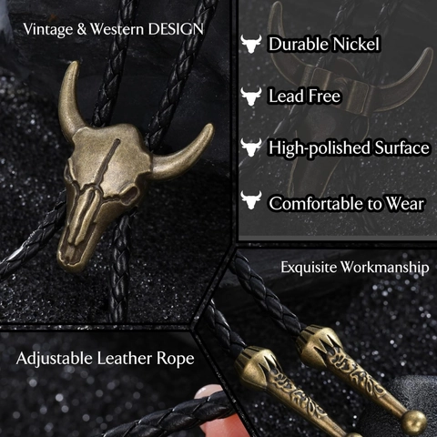 Cravatta Bolo Vintage Western Cowboy Pendente in Lega a Forma di Testa di Toro Bronzo Antico Corda in Pelle Intrecciata Regolabile