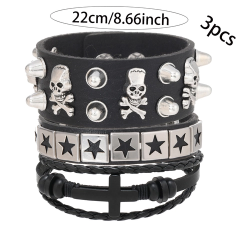 Punk Rock Y2K Goth Leder Armband Set Für Herren Damen Totenkopf Kreuz Pentagramm Nieten Verstellbar Gelaagd Schmuck