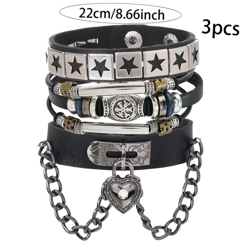 Set di Braccialetti in Pelle di Vacchetta Punk Vintage da Uomo Pendente Stella Bussola in Lega Cinturino in Corda Cerata Gioielli Rock