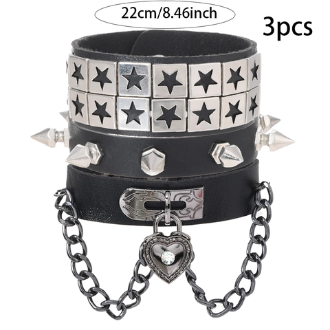 Set di Bracciali in Pelle Punk Rock per Uomo Donna Gotico con Rivetti Chiodi Stella Ciondolo a Lucchetto Cuore Catena in Metallo