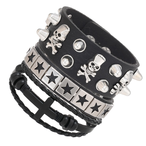 Punk Rock Y2K Goth Leder Armband Set Für Herren Damen Totenkopf Kreuz Pentagramm Nieten Verstellbar Gelaagd Schmuck