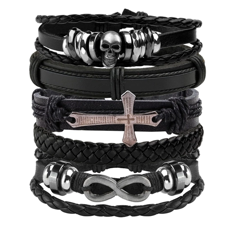 Bracciale in Pelle da Uomo Vintage Punk Intrecciato a Mano Multistrato Avvolgente Con Pendenti in Lega Teschio Croce Infinito Gioielli Rock
