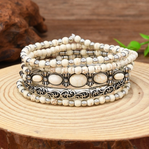 Braccialetto Multistrato Boho Vintage Perline per Donna Lega Pietra Sintetica Geometrico Stile Etnico Gioielli Accessorio