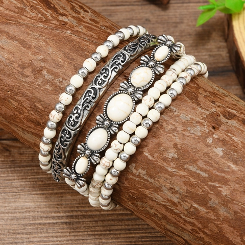 Braccialetto Multistrato Boho Vintage Perline per Donna Lega Pietra Sintetica Geometrico Stile Etnico Gioielli Accessorio