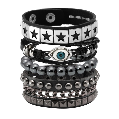 Bracciali In Pelle Punk Con Ciondoli Occhio E Stella Intrecciati A Mano Per Uomini Gioielli Rock Gotici Vintage Nero