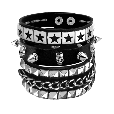 Punk Rock Leather Bracelet Set For Men Women Metal Rivet Skull Star Studded Goth Streetwear Adjustable Wristband Jewelry