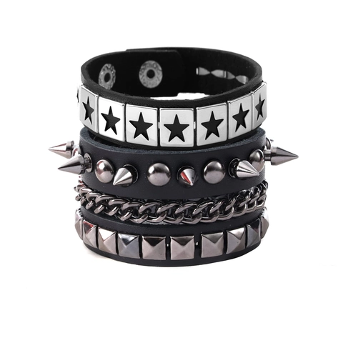 Punk Style Black Leather Bracelet For Men Women Vintage Rock Rivet Metal Chain Pentagram Adjustable Wristband Jewelry