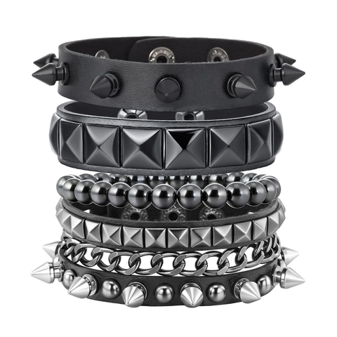 Pulsera de Cuero Punk Gótica para Hombre Con Remaches de Aleación Picos Cadena Multicapa Rock Joyería Regalo