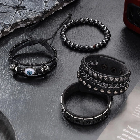Bracciali In Pelle Punk Con Ciondoli Occhio E Stella Intrecciati A Mano Per Uomini Gioielli Rock Gotici Vintage Nero