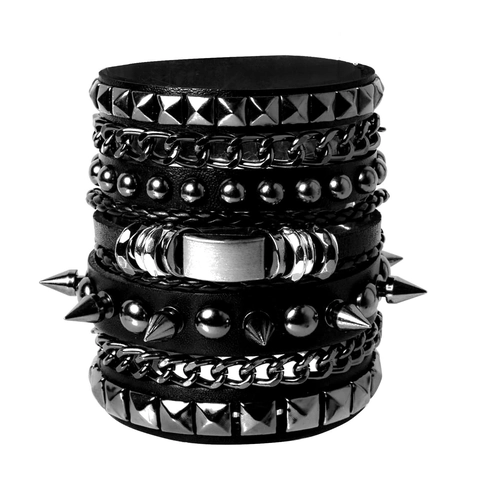 Punk Rock Leather Bracelet Set For Men Alloy Rivet Spike Chain Multilayer Gothic Hip Hop Style Fashion Wristband Jewelry