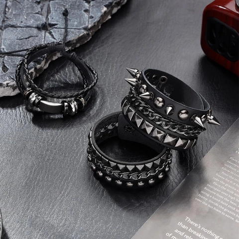 Punk Rock Leather Bracelet Set For Men Alloy Rivet Spike Chain Multilayer Gothic Hip Hop Style Fashion Wristband Jewelry