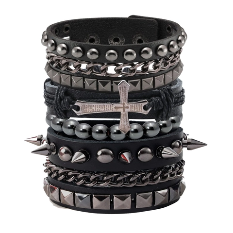 Punk Kreuz Leder Armbänder Für Herren Vintage Rock Niete Stachel Besetzt Breit Armreif Manschette Gothic Metallkette Perlen Armband Schmuck