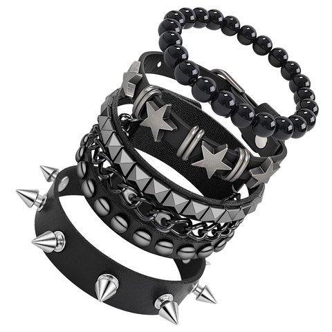 Herren Punk Leder Armband Set Gothic Nieten Spikes Metallkette Perlen Wrap Bangle Handgefertigter Rock Schmuck Schwarz