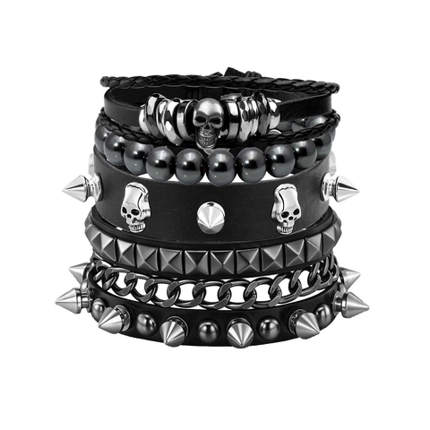 Heren Punk Schedel Leren Armband Set Retro Hip Hop Klinknagel Metalen Ketting Skull Biker Meerlaagse Verstelbare Hand Sieraden Zwart