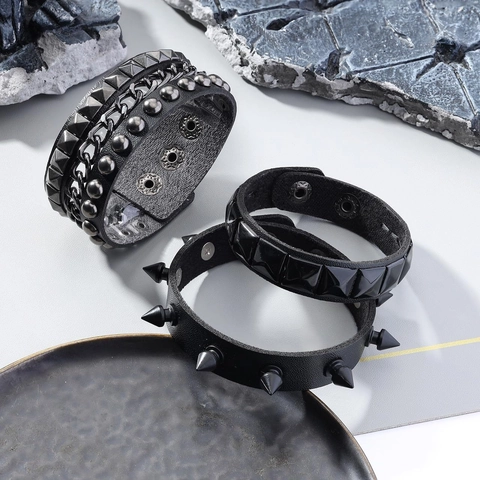 Punk Lederarmband Für Herren Gotisch Stachel Niete Legierung Kette Verstellbar Manschette Biker Hip Hop Rock Armband Handgefertigter Schmuck