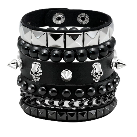 Bracciale in Pelle Multistrato Punk Rock da Uomo Teschio Rivetto Lega Catena Perla Regolabile Hip Hop Biker Gothic Gioielli