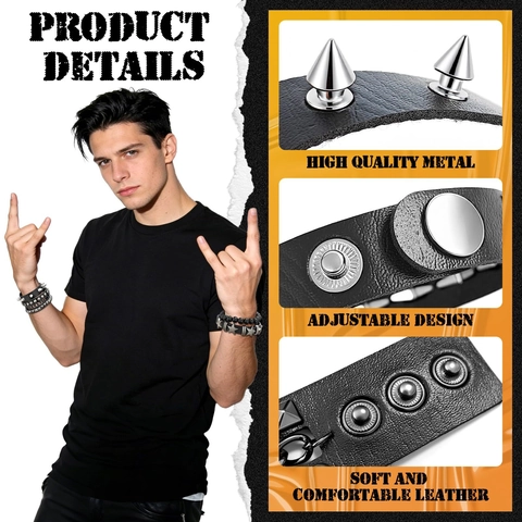 Herren Punk Leder Armband Set Gothic Nieten Spikes Metallkette Perlen Wrap Bangle Handgefertigter Rock Schmuck Schwarz