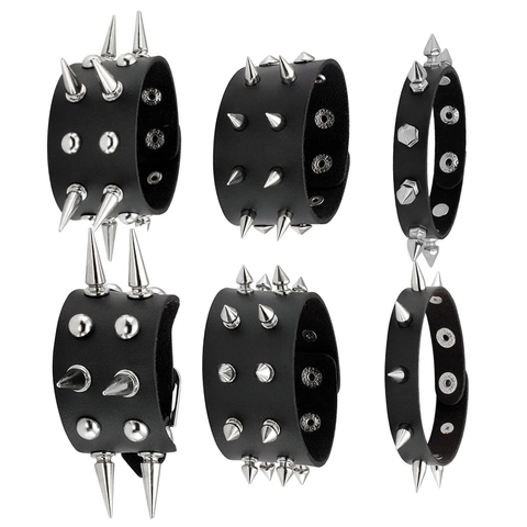Punk Spike Studded Leather Bracelet Set Men's Gothic Rock Hand Cuff Bracelet With Adjustable Snaps Black Silver Metal Spikes