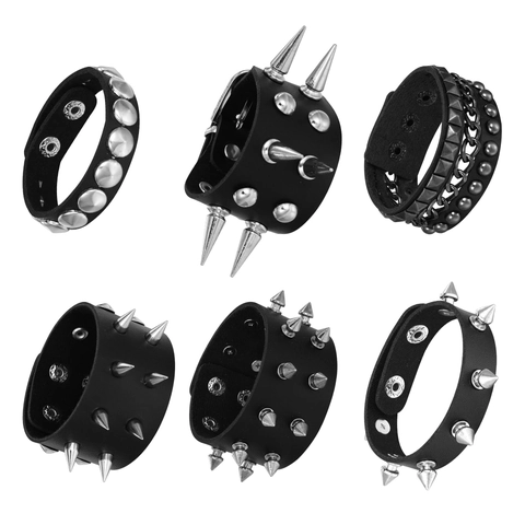 Punk Gothic Leather Bracelets Set Metal Spike Rivet Studded Adjustable Wristbands For Men Women Rock Fashion Jewelry Black