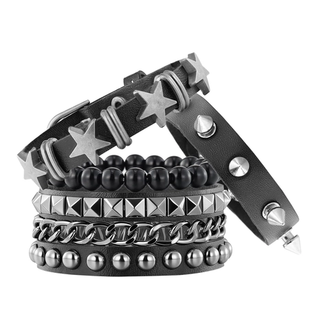 Punk Stil Schwarz Leder Armband Für Herren Legierung Stern Niete Spitze Mehrlagig Gothic Rock Handschmuck