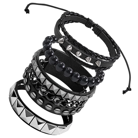 Men Punk Leather Bracelet Multilayer Studded Rivet Spike Cuff Braided Chain Bracelet Adjustable Hip Hop Gothic Rock Jewelry