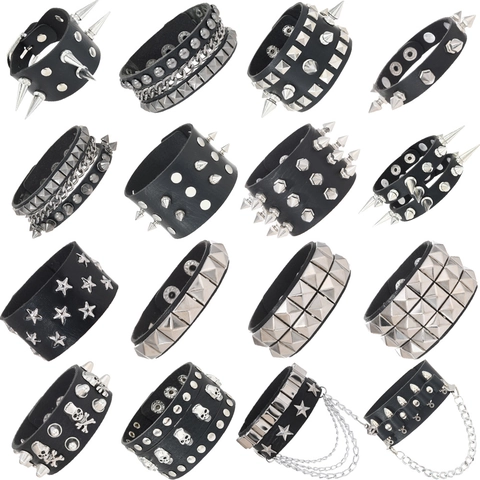 Punk Rock Men's Leather Bracelet Studded Spike Rivet Adjustable Wristband Gothic Hip Hop Jewelry Gothic Skull Cuff Bracelet