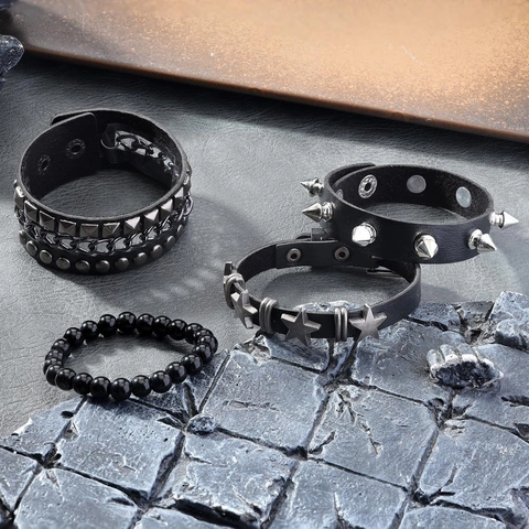 Punk Stil Schwarz Leder Armband Für Herren Legierung Stern Niete Spitze Mehrlagig Gothic Rock Handschmuck