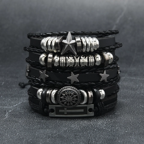 Punk Multilayer Leather Bracelet For Men Handmade Woven Cord Wristband With Alloy Cross Star Sun Charms Adjustable Vintage Jewelry