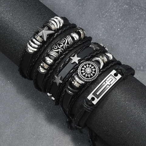 Punk Multilayer Leather Bracelet For Men Handmade Woven Cord Wristband With Alloy Cross Star Sun Charms Adjustable Vintage Jewelry
