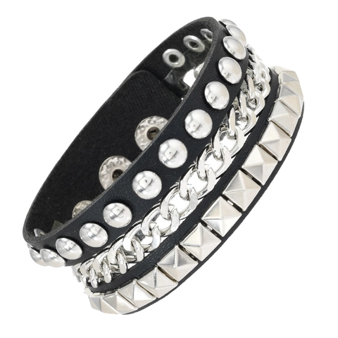 Pulsera de Cuero Negra Multicapa Punk Gótica para Hombres Mujeres Con Remaches de Metal y Cadena Brazalete Rock Ajustable Joyería