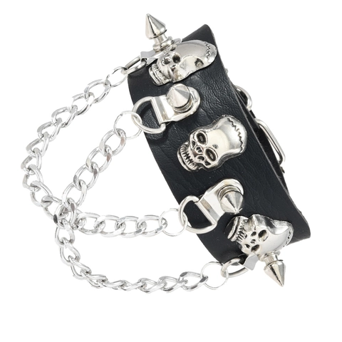 Punk Gothic Leather Bracelet Adjustable Skull Stud Rivet Chain Wide Cuff Bracelet Biker Rock Fashion Jewelry Accessories