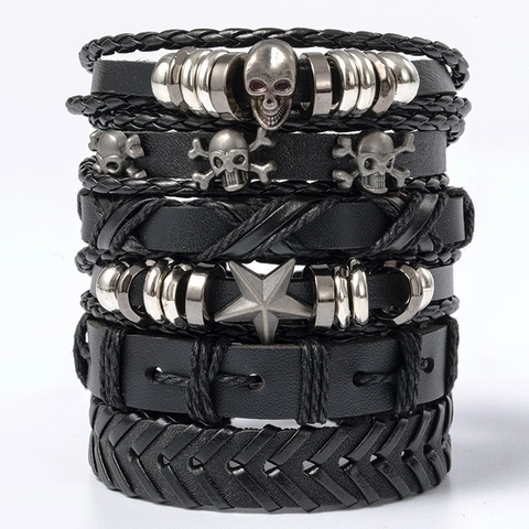 Men Punk Skull Leather Bracelets Braided Wax Cord Alloy Star Charms Retro Gothic Adjustable Jewelry