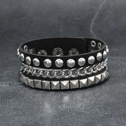 Pulsera de Cuero Negra Multicapa Punk Gótica para Hombres Mujeres Con Remaches de Metal y Cadena Brazalete Rock Ajustable Joyería