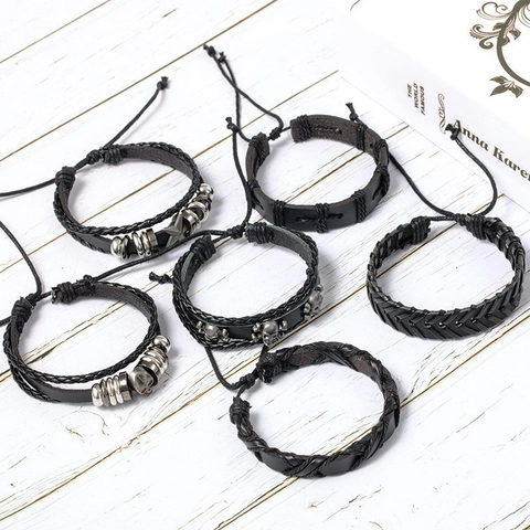 Men Punk Skull Leather Bracelets Braided Wax Cord Alloy Star Charms Retro Gothic Adjustable Jewelry