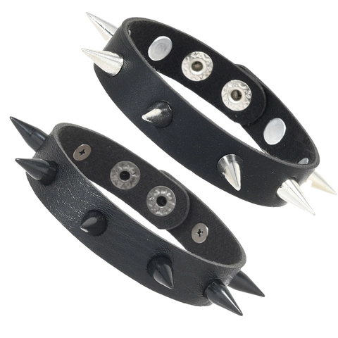 Pulsera de Cuero con Remaches Punk para Hombre Unisex Botón de Presión Ajustable Brazalete de Picos de Metal Joyería Gótica Negro Plata