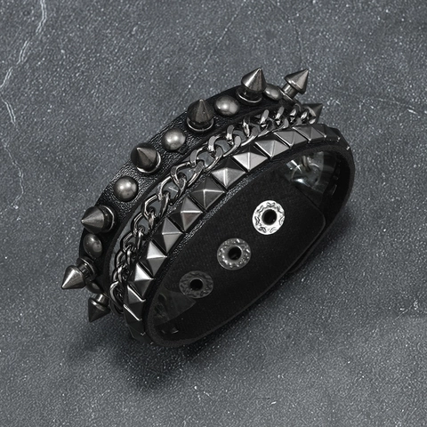 Bracciale da Uomo Punk in Pelle Multistrato Vintage Gothic Catena in Metallo Borchie a Punta Polsino Regolabile Gioielli